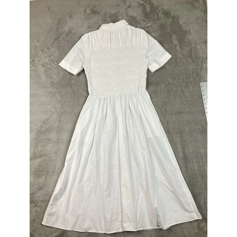 J Crew Petite Elsie Shirt Dress Womens SP White Cotton Poplin Smocked Button Up